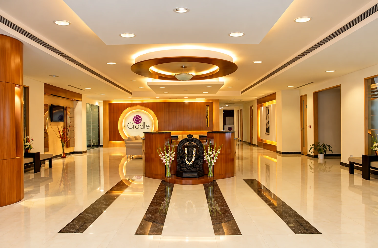 Reception of Apollo Cradle maternity hospital designed by Skydome