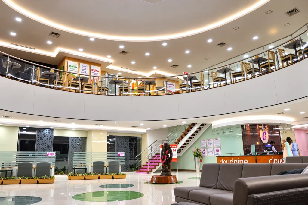Atrium and reception of Cloud Nine Mother & Child Hospital, Bengaluru, designed by Skydome
